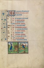 November Calendar Page: Gathering Acorns for Pigs: Sagittarius; Arenberg Hours, early 1460s. Creator: Workshop of Willem Vrelant.