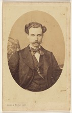 Unidentified man with handlebar moustache, printed in quasi-oval style, 1862-1868. Creator: Bayard & Bertall.