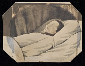 Man lying in bed, eyes closed, about 1850-1860. Creator: Unknown.