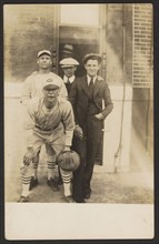 Five men, two in baseball uniforms, about 1926. Creator: John Frank Keith.