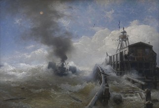 A Tug Leaving the Port of Ostend at High Tide, 1878. Creator: Andreas Achenbach.