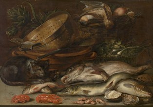 Fish, Crustacea, Poultry, Vegetables and a Cat, early-mid 17th century. Creator: Alexander Adriaenssen.