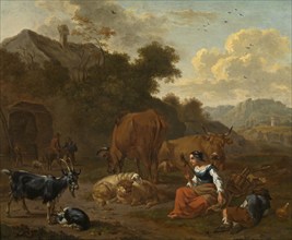 Landscape with a Spinner and Cattle, late 17th century. Creator: Dirk van Bergen.