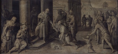 Saint Luke Giving three Pilgrims Alms, c1560-1600. Creator: Martin de Vos.