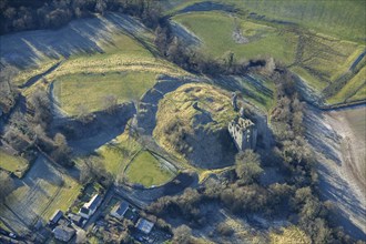 The remains of Clun Castle, a motte and bailey castle, Clun, Shropshire, 2024. Creator: Damian Grady.