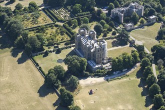 Hardwick New and Old Halls, both under scaffolding, and walled gardens, Derbyshire, 2022. Creator: Emma Trevarthen.