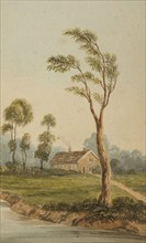 Landscape with a house and trees on a river bank, c1812-1838. Creator: William Lewis.