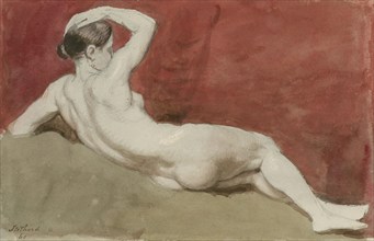 Reclining female nude with red backdrop, (c1800?). Creator: Thomas Stothard.