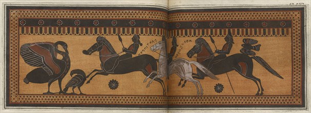 The Hunt Krater: coloured plate showing three galloping horsemen, 1766 [-1767].  Creator: Unknown.