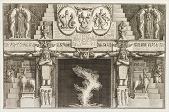 Design for chimneypiece with ornate Egyptian design over mantlepiece, animals and figures..., 1769. Creator: Giovanni Battista Piranesi.