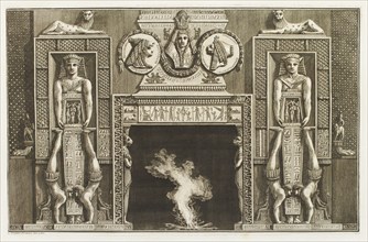 Design for a chimneypiece with Egyptian figures, acrobats, hieroglyphs and medals over the..., 1769. Creator: Giovanni Battista Piranesi.