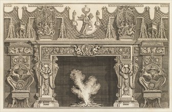 Design for a chimneypiece with detailed moulded surround with figures, lattice-work, horses..., 1769 Creator: Giovanni Battista Piranesi.