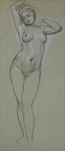 Study of a standing female nude, probably for 'Venus and Cupid', probably by c1856. Creator: Frederic Leighton.