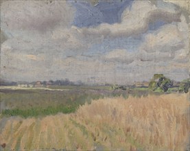 Study of a cornfield in Summer with a view of distant buildings, (late 1870s/1880s?). Creator: George Clausen.