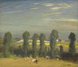 Landscape with hayfield and poplars, probably 1920s. Creator: George Clausen.