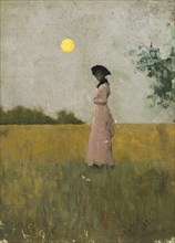 View of a Lady in Pink standing in a Cornfield, 1881. Creator: George Clausen.