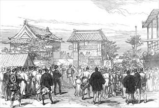 Opening of the first railway in Japan: procession at the Saiwai Bashi Gate, Jeddo, 1872. Creator: C. R..