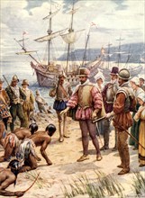 'Sir Walter Raleigh Landing in Virginia', c1900.  Creator: Howard Davie.