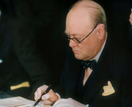 Winston Churchill Signing an Agreement Allowing the USA to use British Naval Bases in..., 1941. Creator: British Pathe Ltd.