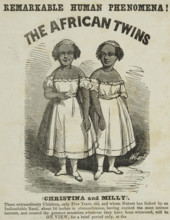 Advertisement for exhibition featuring "The African Twins" at Egyptian Hall, Piccadilly, 1855. Creator: Unknown.