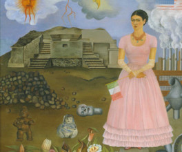 Self-Portrait on the Border Line Between Mexico and the United States, 1932.  Creator: Frida Kahlo.