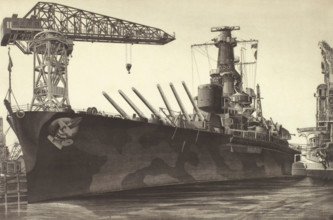 Battle Wagon - USS Alabama Outfitting at Norfolk Navy Yard Crane Ship Kearsarge Alongside, 1943. Creator: John Taylor Arms.