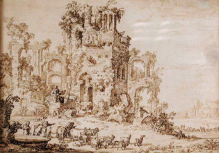 Landscape with Figures and Classical Ruins, c1670s. Creator: Jan Moninckx.