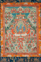 Devotional hanging depicting Medicine Buddha (Bhai?ajyaguru) and Buddhist deities, 1750-1800. Creator: Unknown.