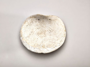 Incised shell gorget with rattlesnake design, 1200-1400. Creator: Unknown.