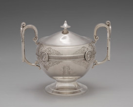 Sugar bowl with lid for the Medallion pattern tea and coffee service, 1864-1867. Creators: George Wilkinson, Gorham Manufacturing Company, J.E. Caldwell & Co.