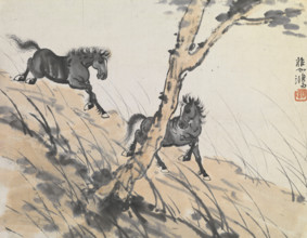 Two horses on hillside, early 1900s. Creator: Xu Beihong.