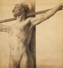 Half-length nude model with his arms extended on a cross, 1881. Creator: Theodore Clement Steele.