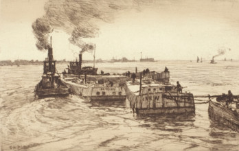 Tugboats and Barges, 1887. Creator: Charles Adam Platt.