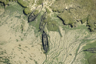 The wrecks of three barges in Shepherds Creek, Chetney Marshes, Kent, 2024. Creator: Damian Grady.