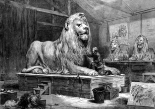 Sir Edwin Landseer modelling the lions for Trafalgar-square, 1873. Creator: Unknown.