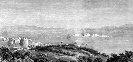 Tangier Bay, Morocco: H.M.S. Aurora firing a salute in honour of the new emperor, 1873. Creator: Unknown.