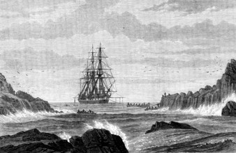 The Voyage of H.M.S. Challenger: the Challenger made fast to St. Paul's Rocks, 1873. Creator: Unknown.