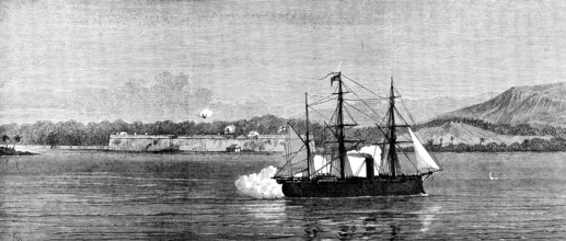 H.M.S. Niobe bombarding San Fernando Castle, Omoa, 1873. Creator: Unknown.