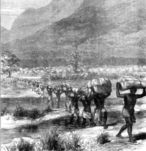 The Livingstone Aid Expedition: crossing a river in East Africa, 1873. Creator: Unknown.