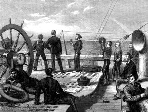 Life on board a troop-ship: heaving the log, 1873. Creator: Unknown.