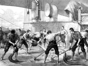 Life on board a troop-ship: washing the decks, 1873. Creator: Unknown.