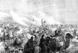 The Khiva Expedition: Russian troops attacking a caravan of Turkomans, 1873. Creator: Unknown.