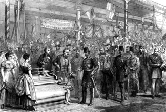 The Shah in the weaving-room at Haworth's Mills, Manchester, 1873. Creator: Unknown.