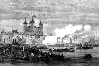 The Shah on the Thames: embarking at the Tower for the West India Dock and Greenwich, 1873. Creator: Unknown.