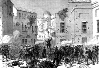 Civil War in Spain: attack of Civil Guard on the Puerta de Carmona, Seville, 1873. Creator: Unknown.