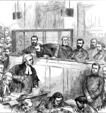 Trial of the bank forgers at the Old Bailey, 1873. Creator: Unknown.