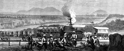 Indian Frontier Sketches: traction-engine on the Grand Trunk Road, near Lawrencepore, 1873. Creator: Unknown.