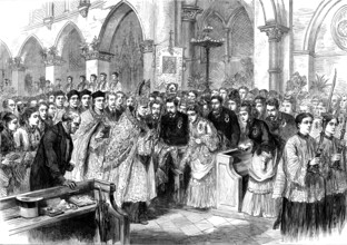 Gathering of English pilgrims, pro-Cathedral Kensington, for the pilgrimage to Paray-le-Monial, 1873 Creator: Unknown.