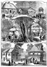 The Vienna Exhibition: 1. Styrian Alpine Hut. 2. Indian Wigwam. 3. Styrian Winehouse..., 1873. Creator: Unknown.