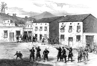 The Civil War in Spain: Carabiniers resisting the Carthagena insurgents at Aguilas, 1873. Creator: Unknown.